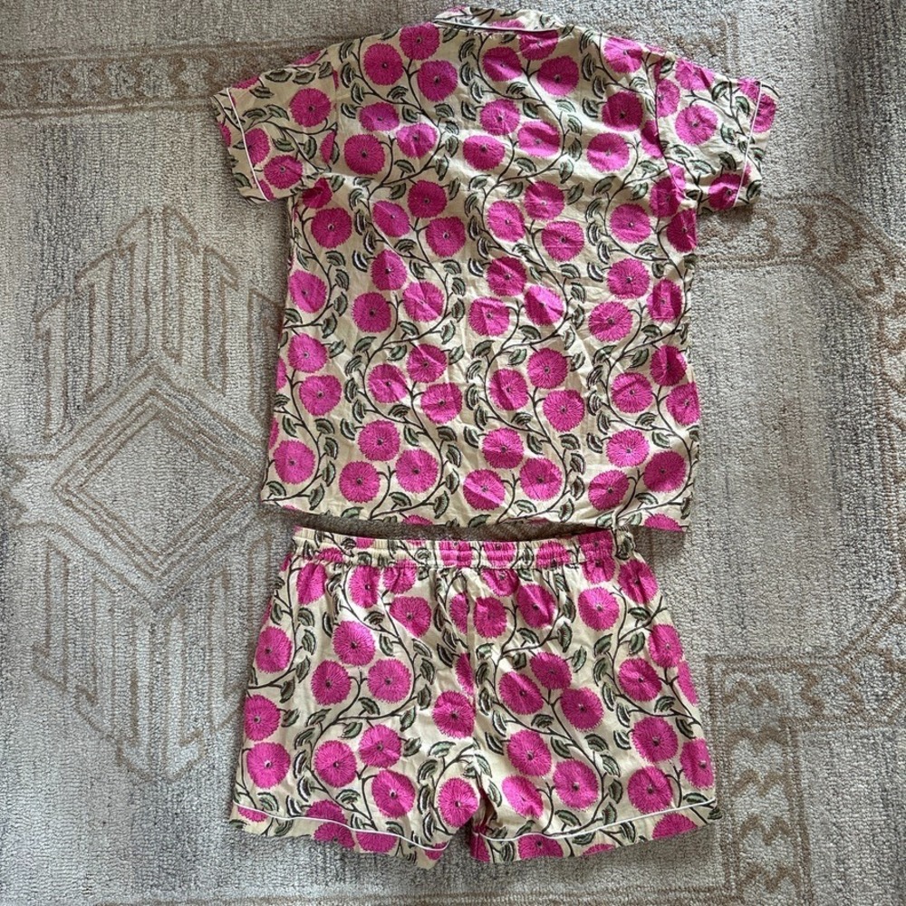 Cotton Floral Pajama Set Pink Block Print Shorts Loungewear Pockets Amranis M - Picture 2 of 13